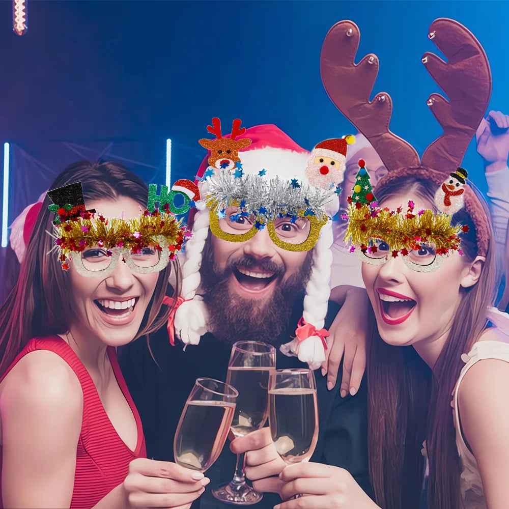 Christmas Party Glasses Novelty Glitter Frames Santa Reindeer Snowman Photo Props