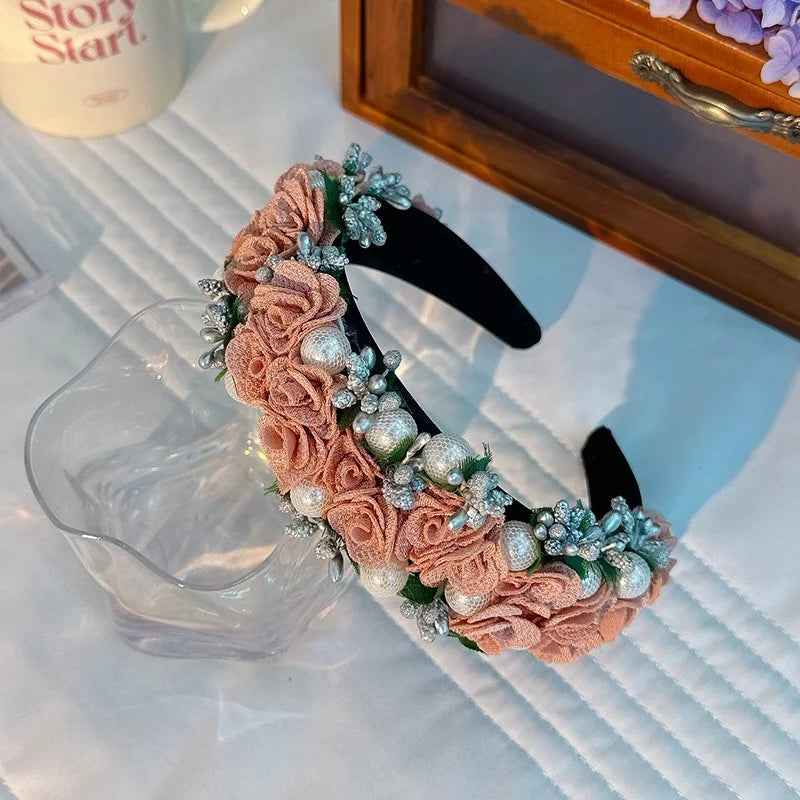 Baroque Pearl Rose Headband Luxury Fabric Flower Hair Band Wedding Party Accessory