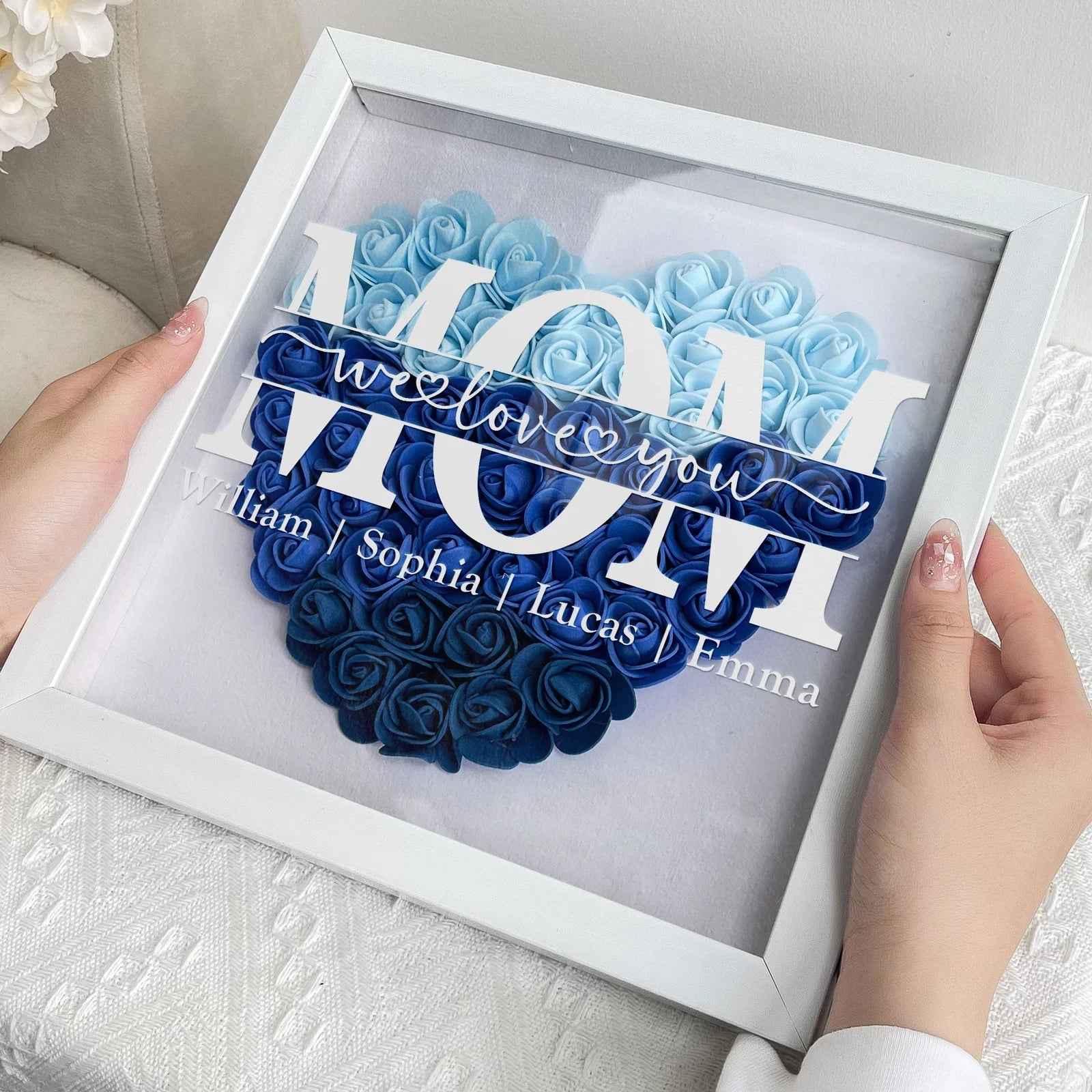 Personalized Flower Shadow Box Gift for Mum Custom Names Rose Frame Mothers Day Present