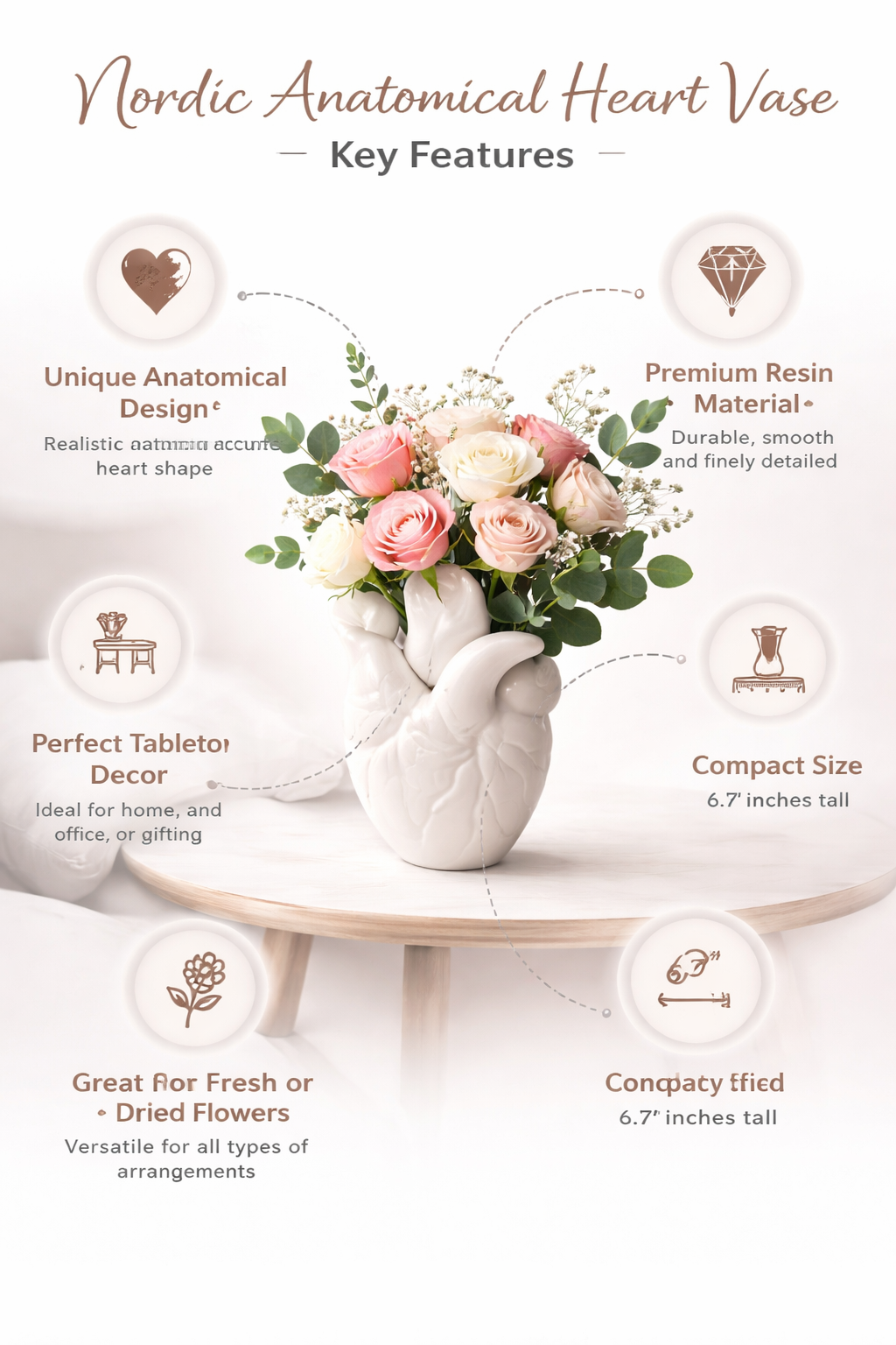 Nordic Anatomical Heart Vase – Resin Decorative Flower Pot for Tabletop