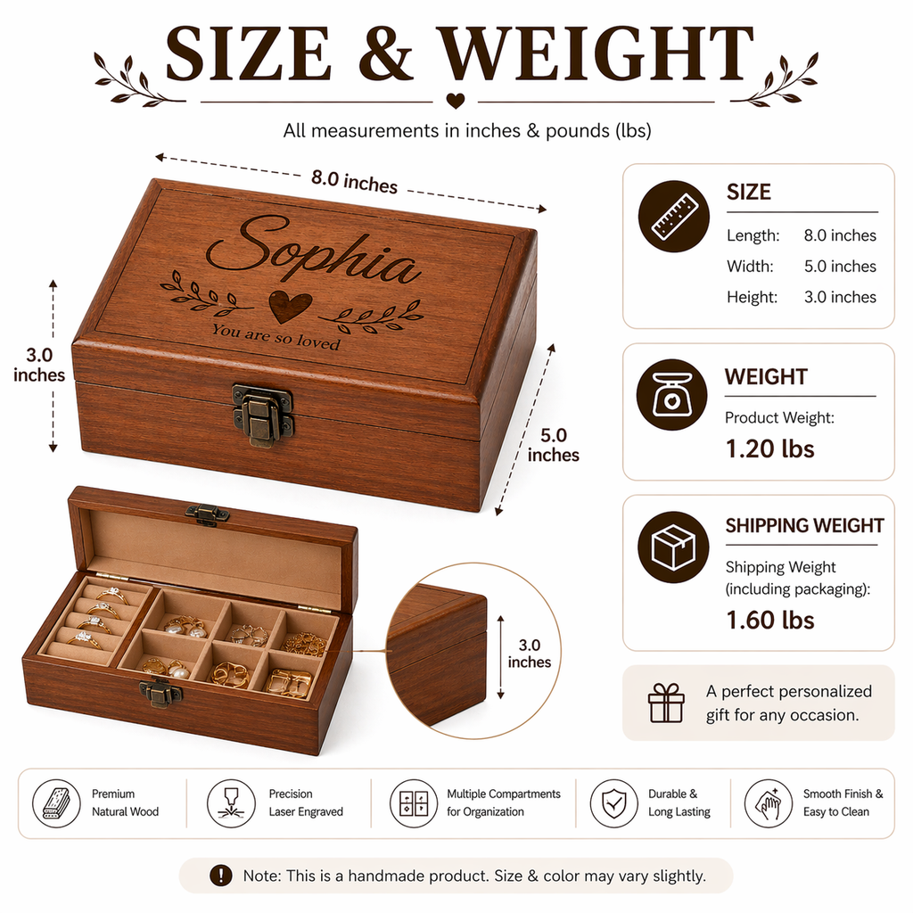 Personalised Wooden Jewellery Box with Name – Custom Engraved Storage Gift