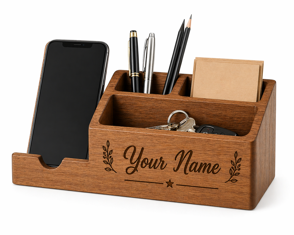 Personalised Wooden Desk Organiser with Name – Custom Engraved Office Organiser