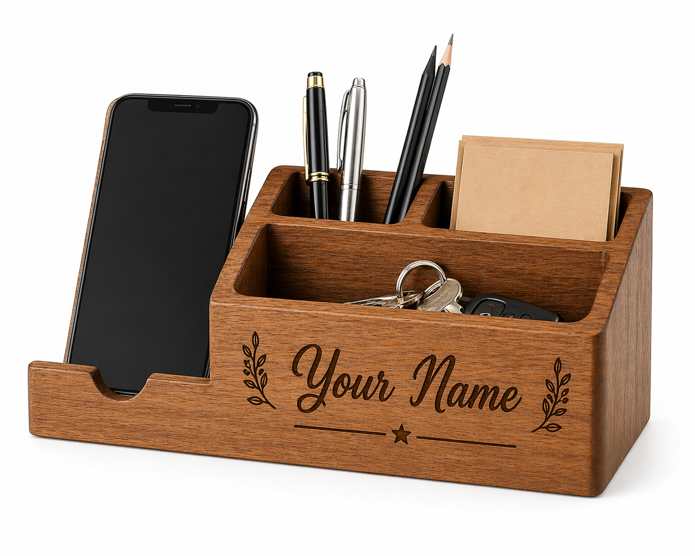 Personalised Wooden Desk Organiser with Name – Custom Engraved Office Organiser