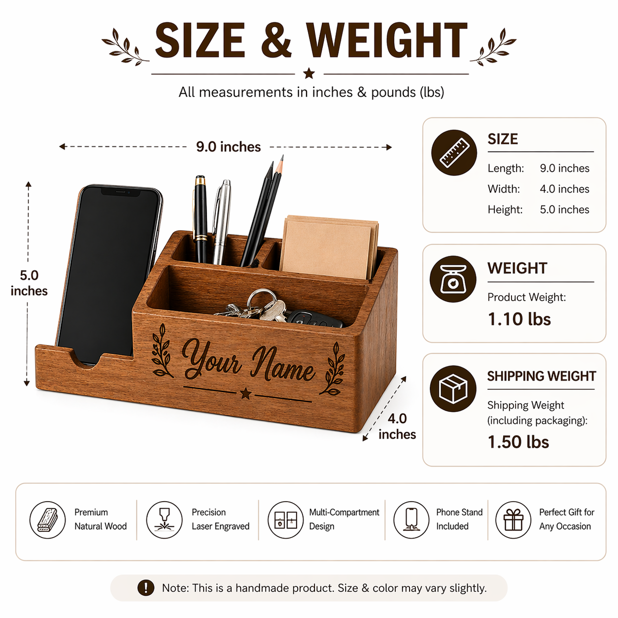 Personalised Wooden Desk Organiser with Name – Custom Engraved Office Organiser